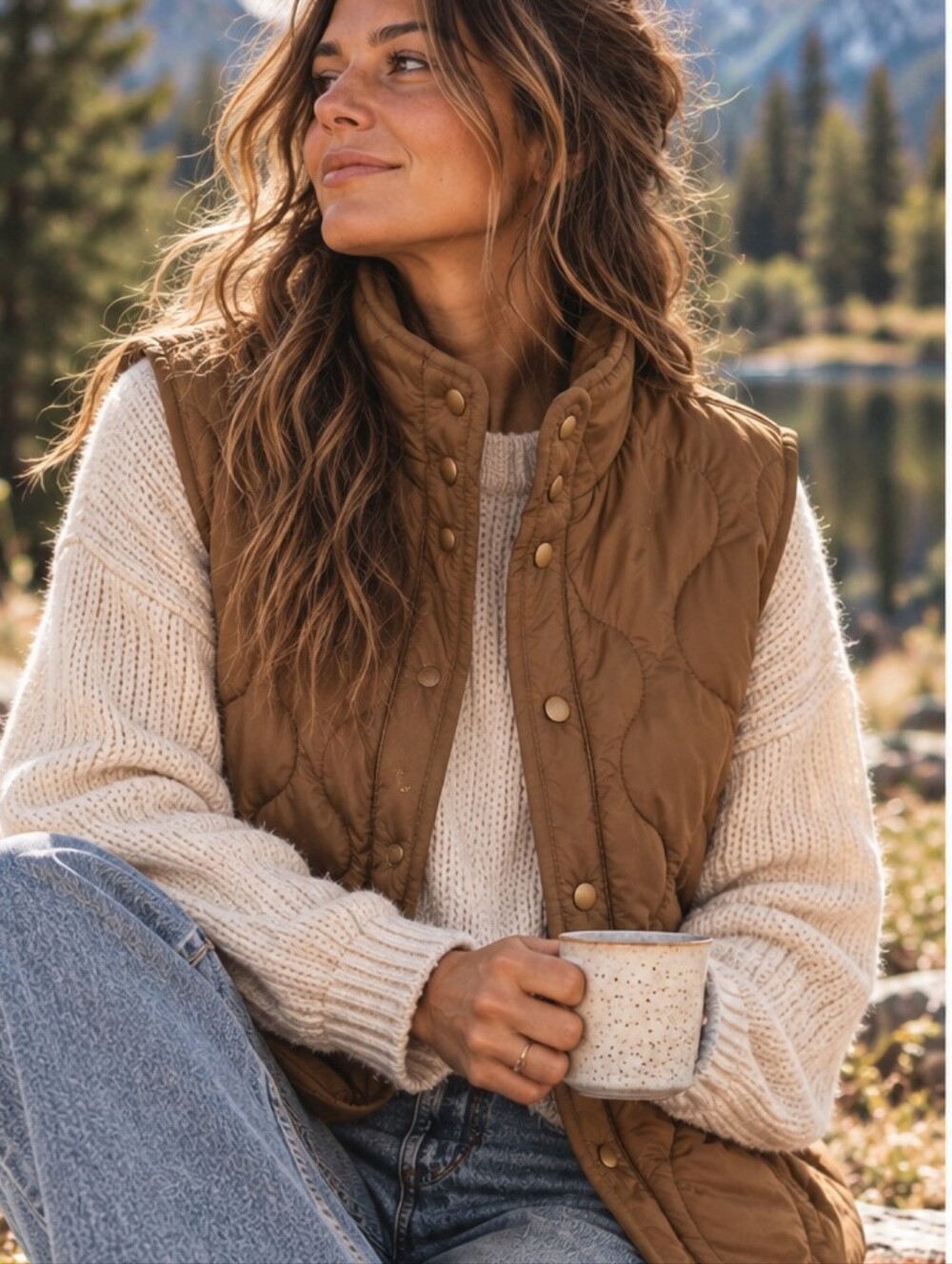 Lou & Grey Brown Quilted Puffer Vest Size Medium High Neck Snap Front